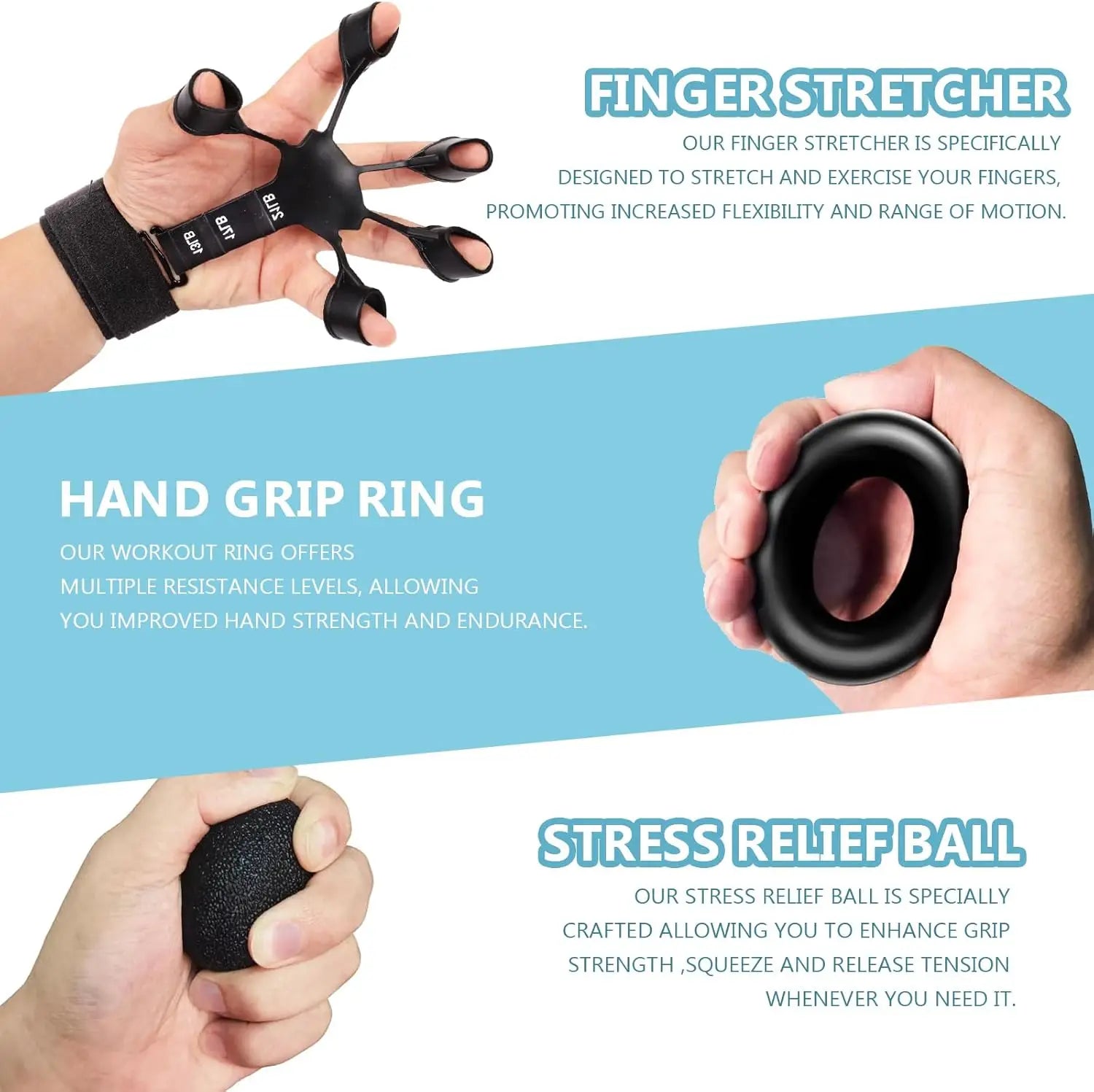 Grip Trainer Kit – Adjustable Hand Gripper, Finger & Hand Exercisers, Stress Ball, Forearm Ring for Muscle Building & Recovery