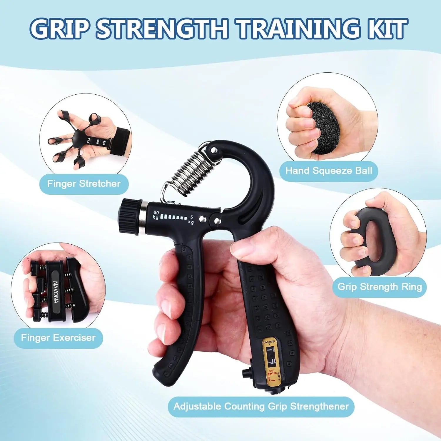 Grip Trainer Kit – Adjustable Hand Gripper, Finger & Hand Exercisers, Stress Ball, Forearm Ring for Muscle Building & Recovery