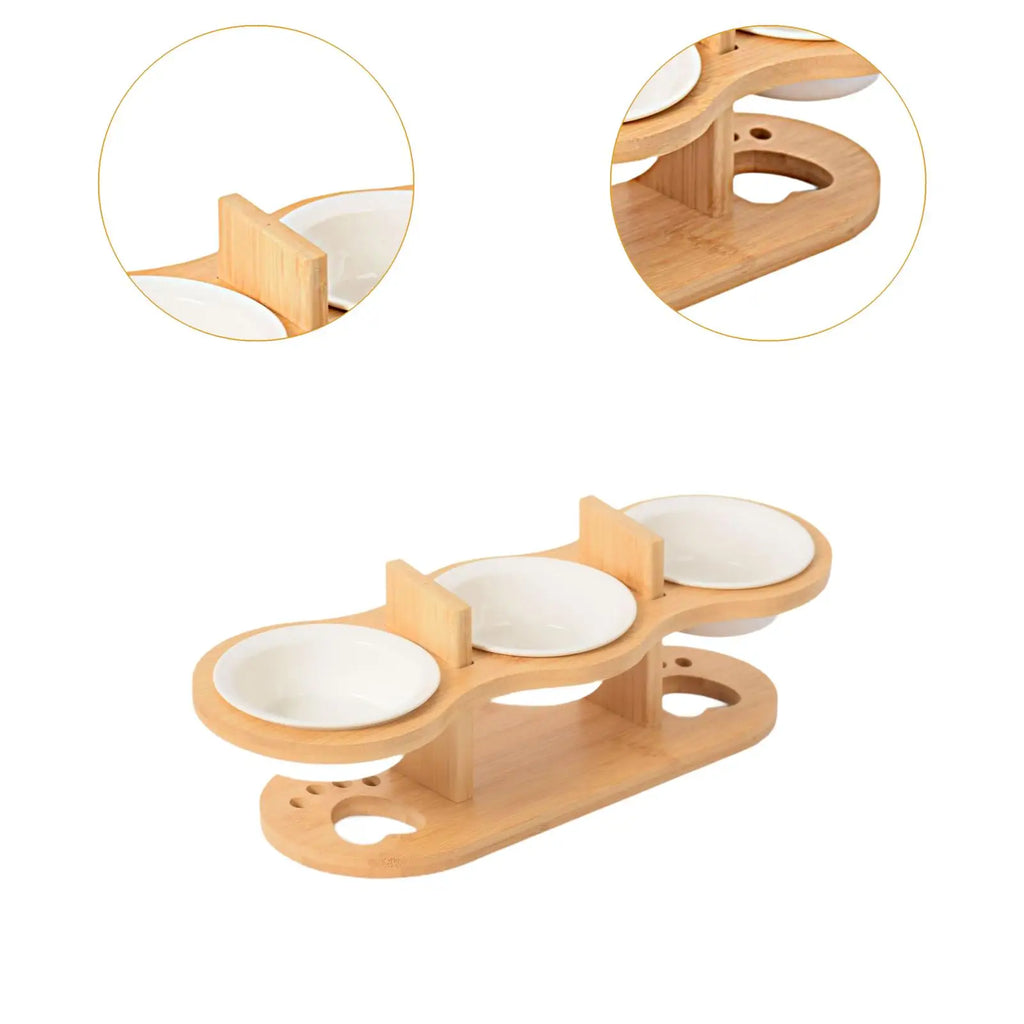 3 Raised Cat Bowls with Wooden Rack – Feeding for Cats, Kittens & Small Dogs