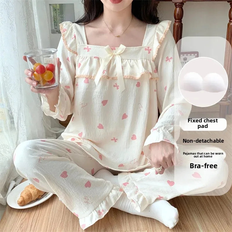 Cloud Cotton Women's Sleepwear Set – Long Sleeve Top & Pants with Chest Pad and Lace Detail