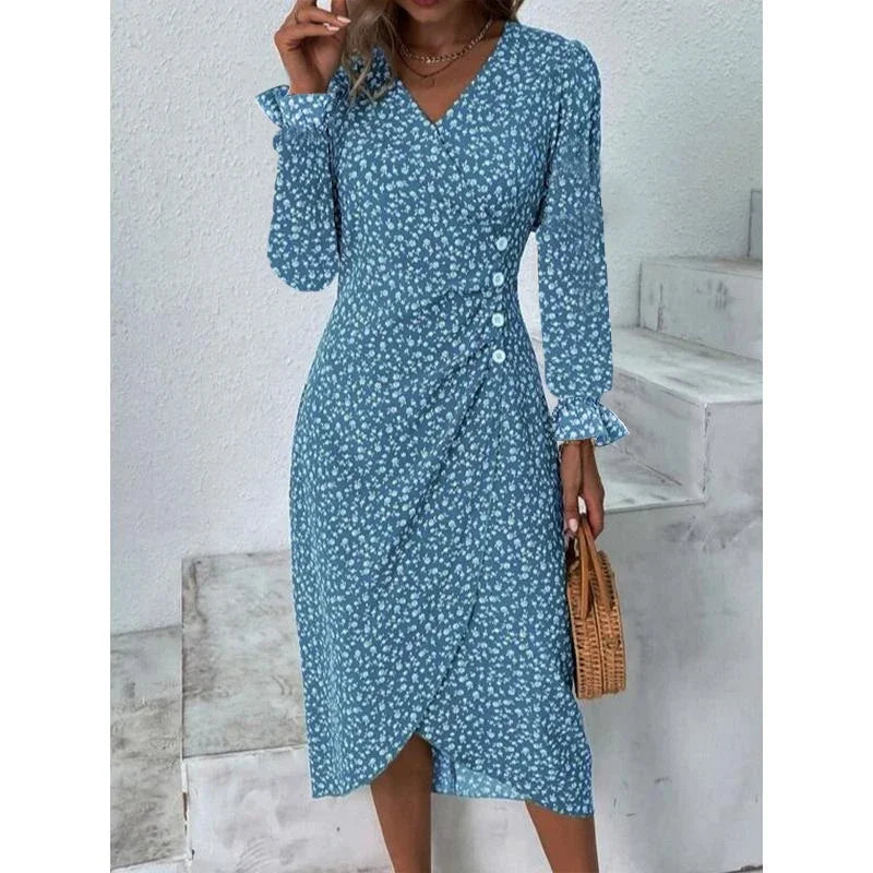 Floral Pleated Midi Dress with V-Neck & Puff Sleeves