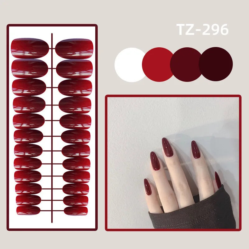 24pcs Wine Red Glitter Gradient Press-On Nails