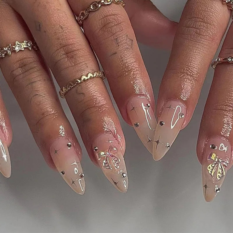 Medium Acrylic Almond Fake Nails – Removable Press-On, French Style, Europe/USA Design