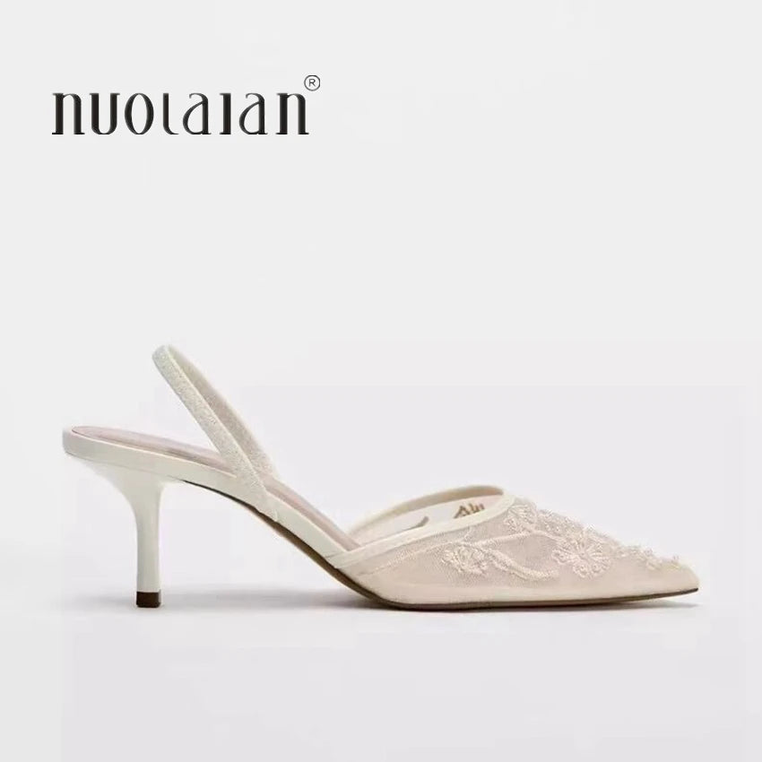 Designer White Mesh Floral Slingback High Heels – Women’s Wedding Pumps