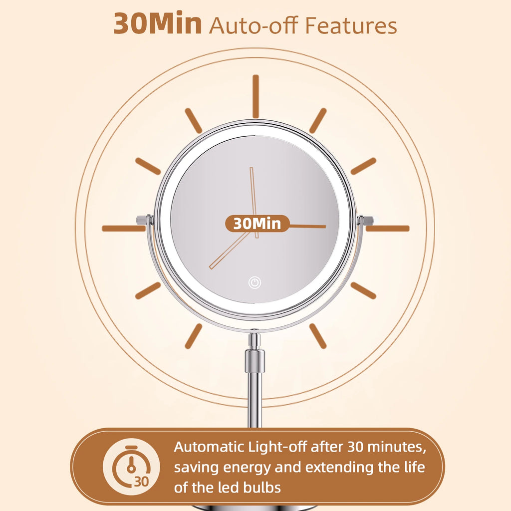 3-Color LED Makeup Mirror – 10X Magnification, 8 Inch, Adjustable Brightness & Height