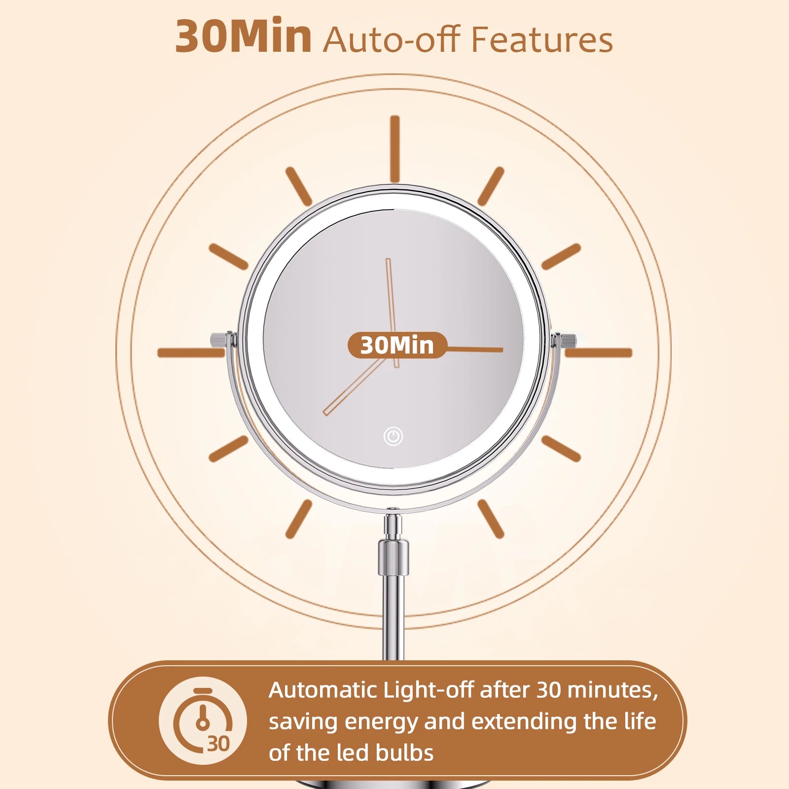 3-Color LED Makeup Mirror – 10X Magnification, 8 Inch, Adjustable Brightness & Height