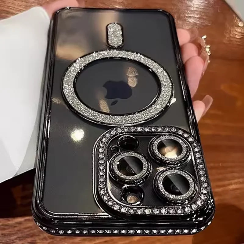Glitter Diamond Transparent iPhone Case – Magnetic Wireless Charging Compatible