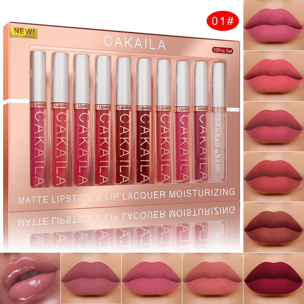 CAKAILA 10PCS Nude Lip Gloss Set – Matte, Velvet, Waterproof, Long-Lasting