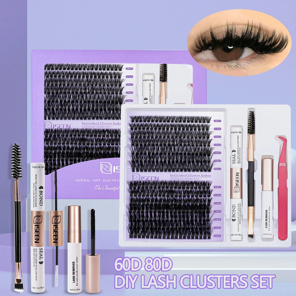 ISEEN DIY Lash Extension Kit – Mixed Styles, Clusters, Includes Bond & Seal, Tweezers & Brush