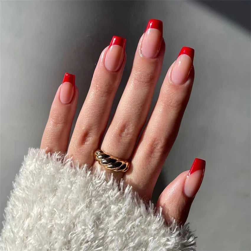 24pcs Wine Red Glitter Gradient Press-On Nails