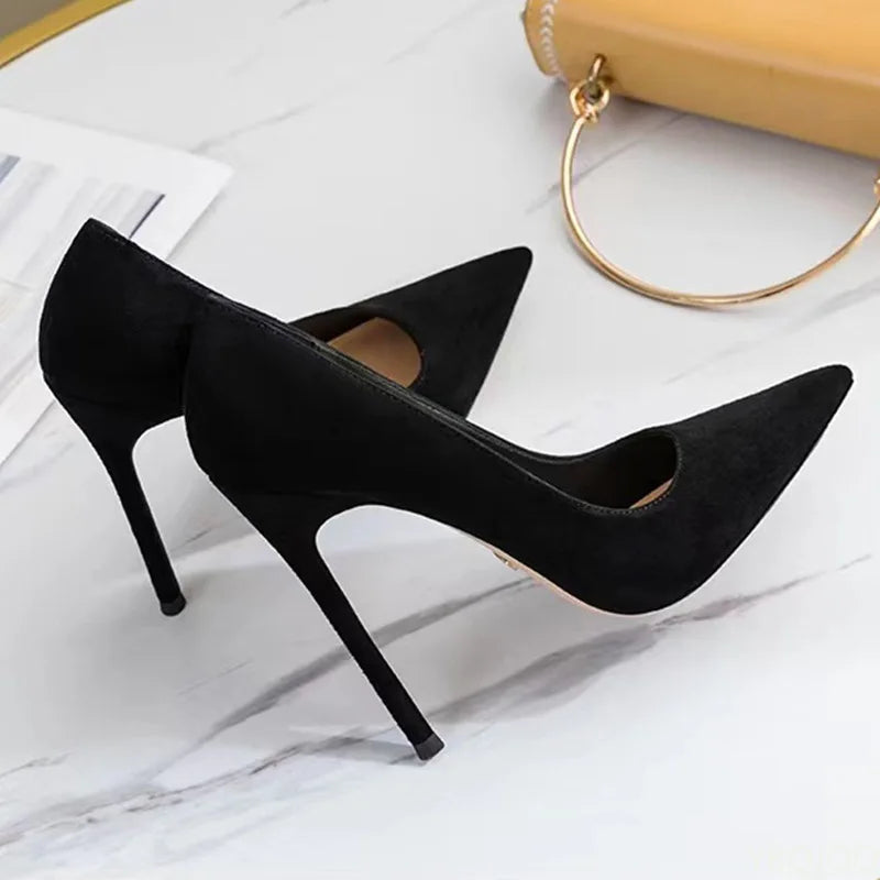 Women’s Black Pointed Suede High Heels – Elegant Shallow Pumps