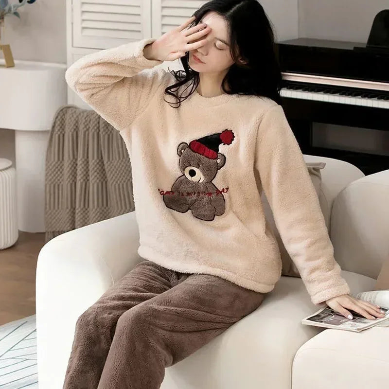 Women’s Flannel Cartoon Bear Loungewear – Long Sleeve & Trouser Two-Piece Set