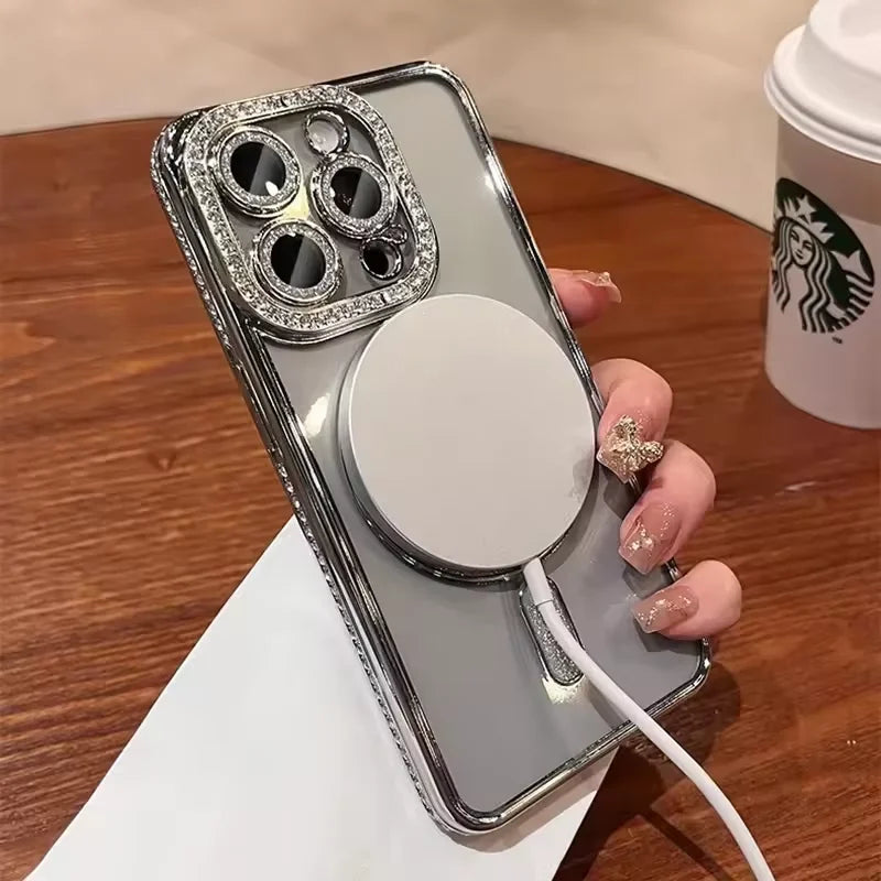 Glitter Diamond Transparent iPhone Case – Magnetic Wireless Charging Compatible