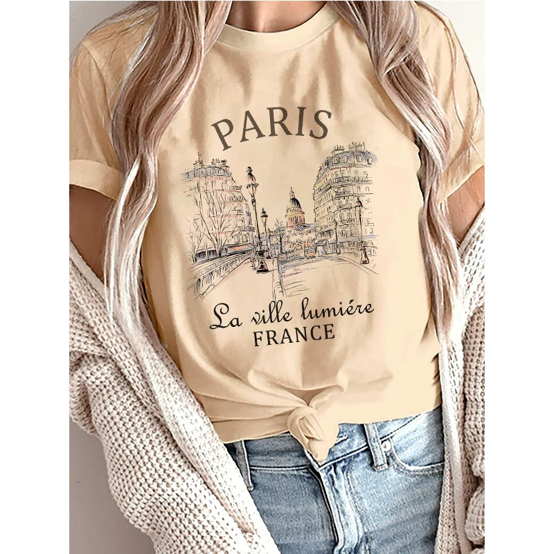 Casual Women's Short Sleeve Graphic T-Shirt – "Bonjour Paris" Print