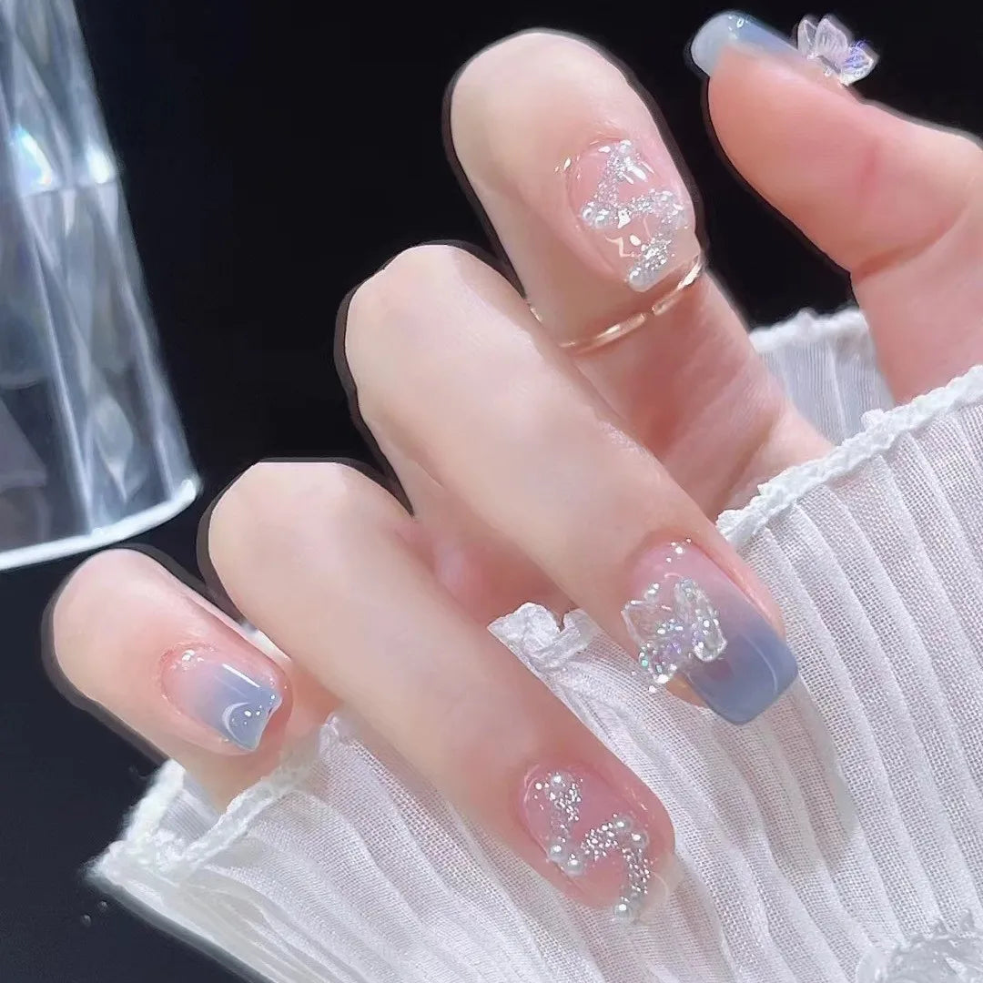 24PCS Pearl Bow Press-On Nails – Nude Pink, White French Almond, Full Cover, Includes Tools