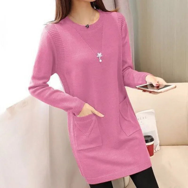 Pull Femme Tricot Mi-Long – Coupe Ample, Doublé Polaire, Style Coréen