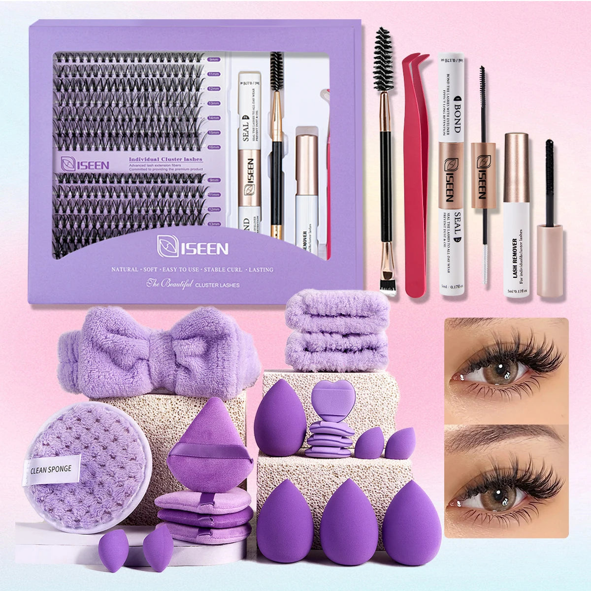 ISEEN DIY Lash Extension Kit – Mixed Styles, Clusters, Includes Bond & Seal, Tweezers & Brush