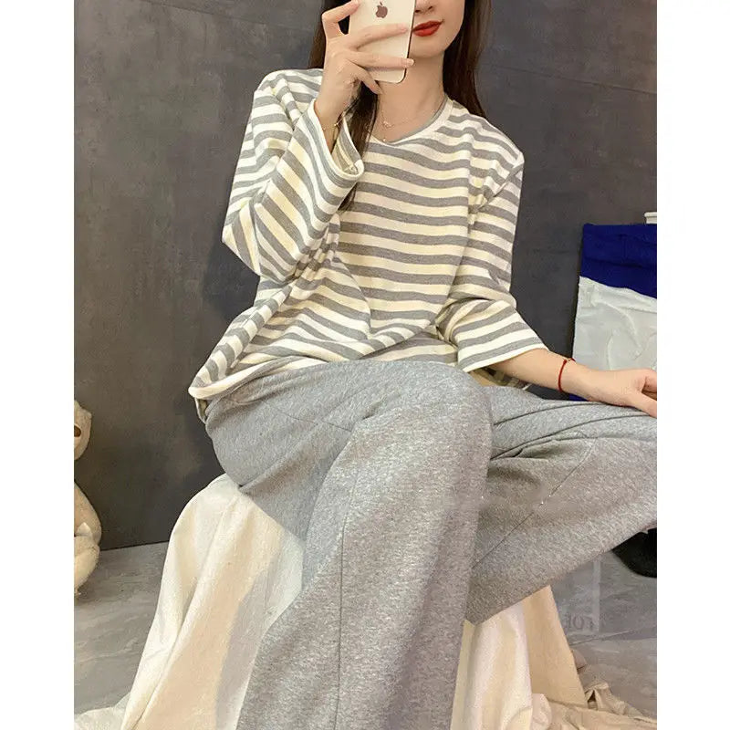 Women’s Striped Long Sleeve Plus-Size Pajamas – O-Neck Casual Homewear