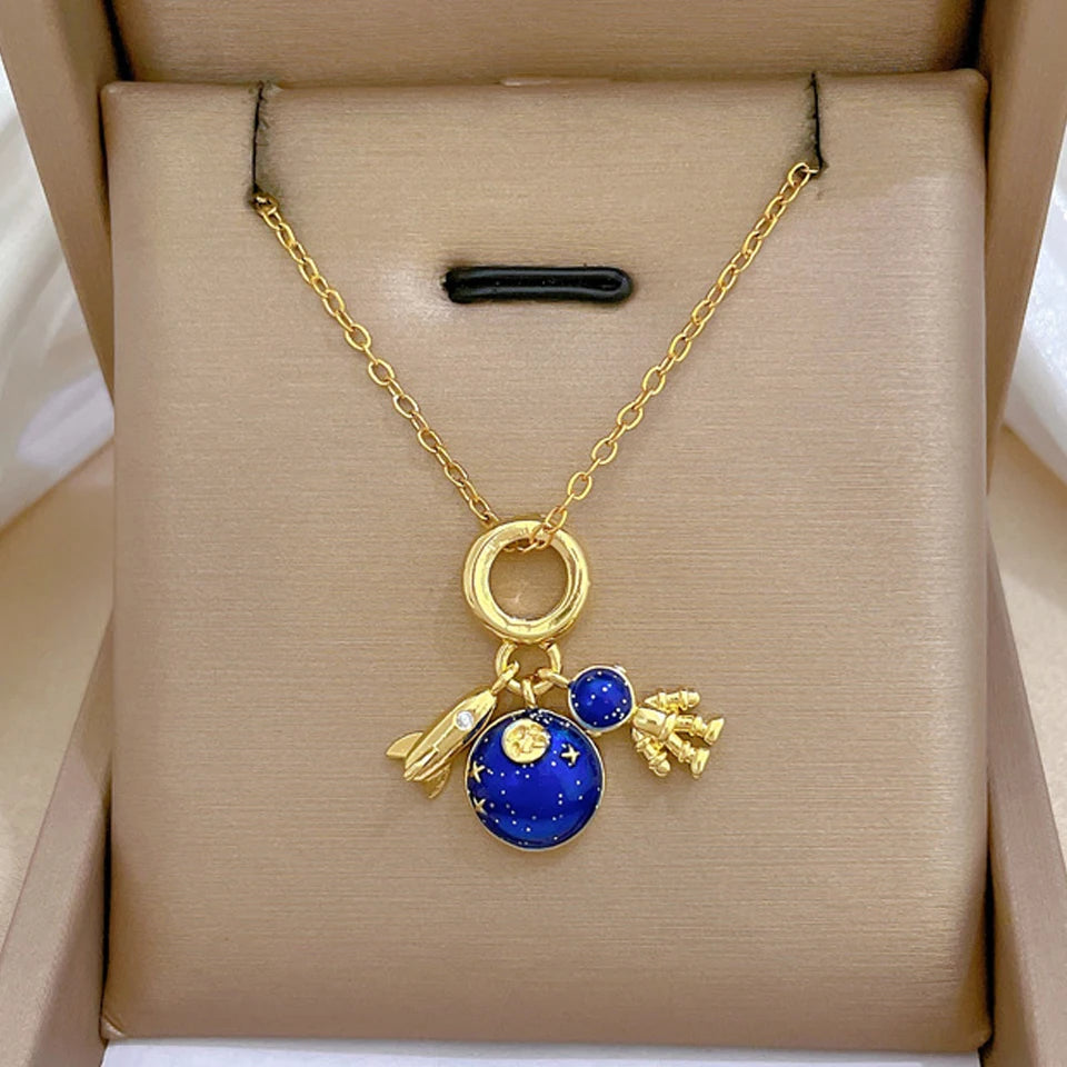 Gold Titanium Steel Star & Moon Astronaut Pendant Necklace