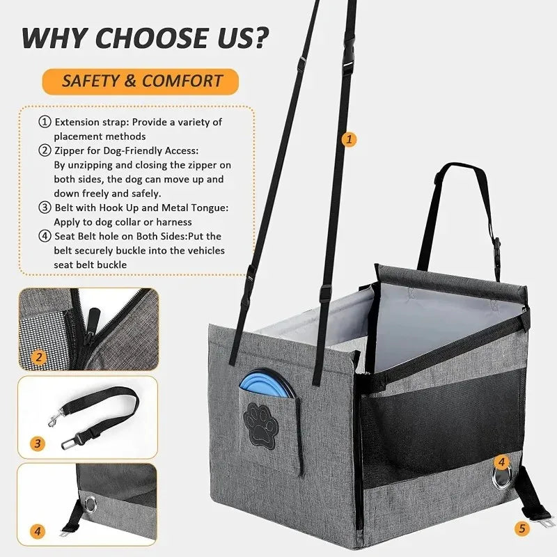 Portable Dog Car Seat – Foldable Travel Bed, Waterproof, Safety Mesh, for Puppies & Cats