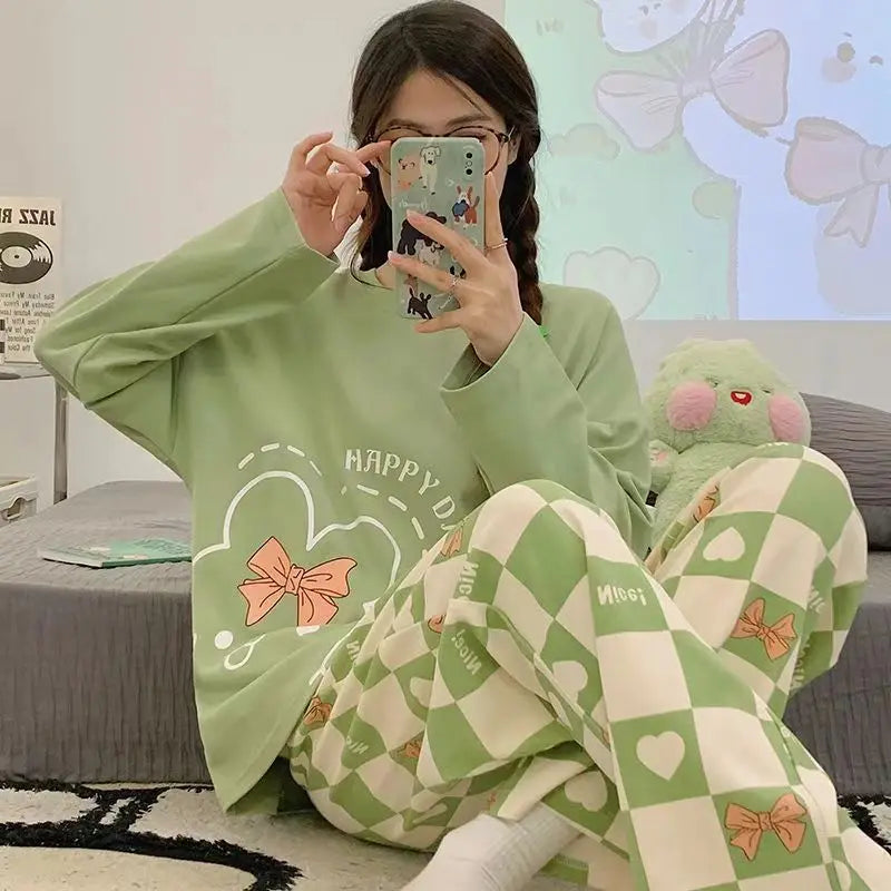 Women’s Cartoon Long-Sleeve Pajamas – Spring & Autumn Homewear Loose Fit
