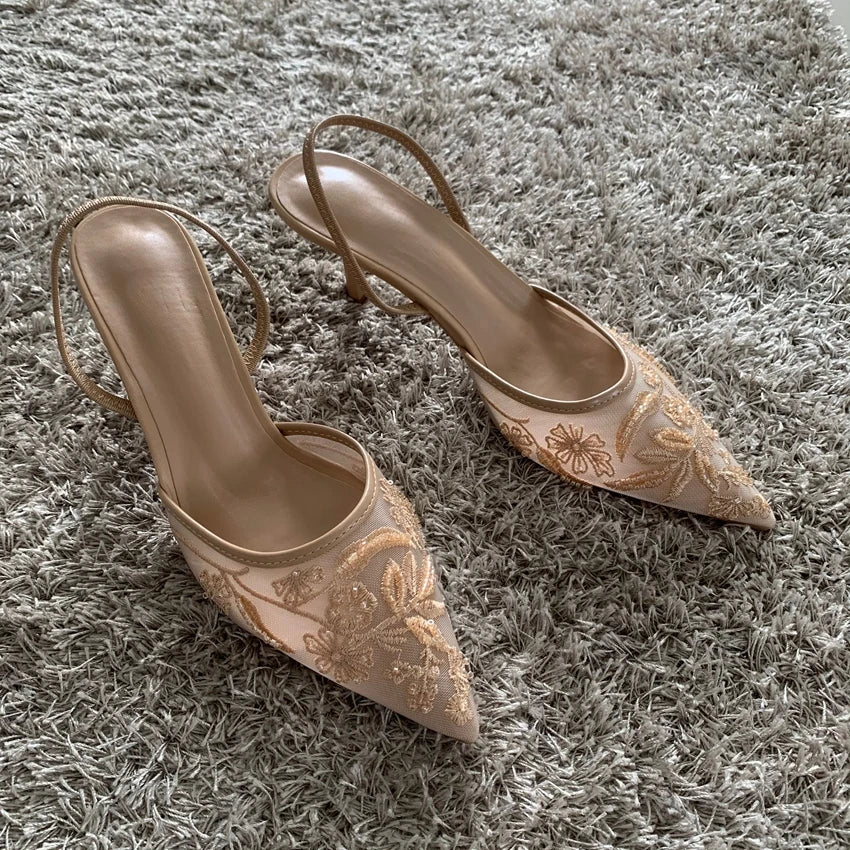 Mesh Embroidered Beaded High Heel Sandals – Women’s Pointed Toe Slingback Mules