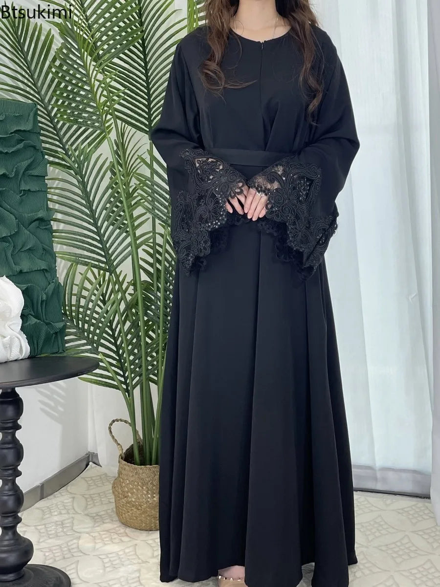 Plus Size Dubai Abaya – Lace Floral Long Sleeve Kaftan Dress for Muslim Women