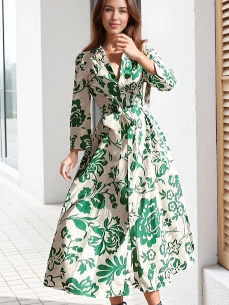 Autumn Women's Printed Lapel Shirt Dress