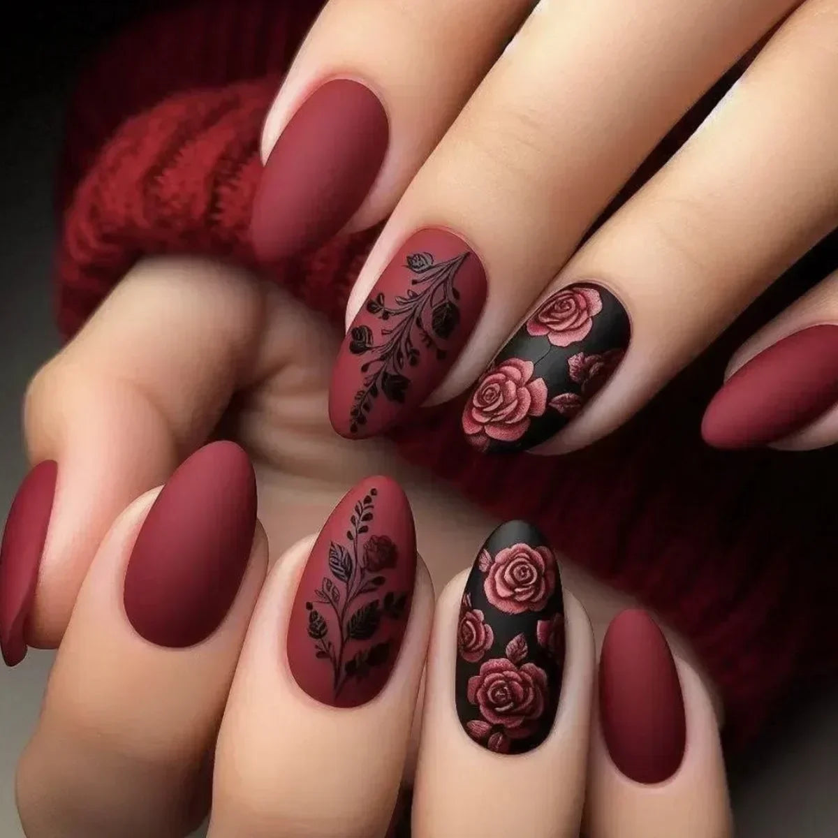 24pcs Matte Almond Press-On Nails with Rose Leaf Design