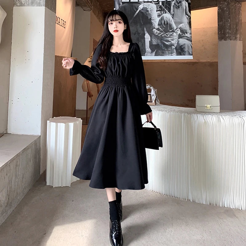 Women Black Square Collar Long Dress Elegant Retro Loose Spring/Autumn