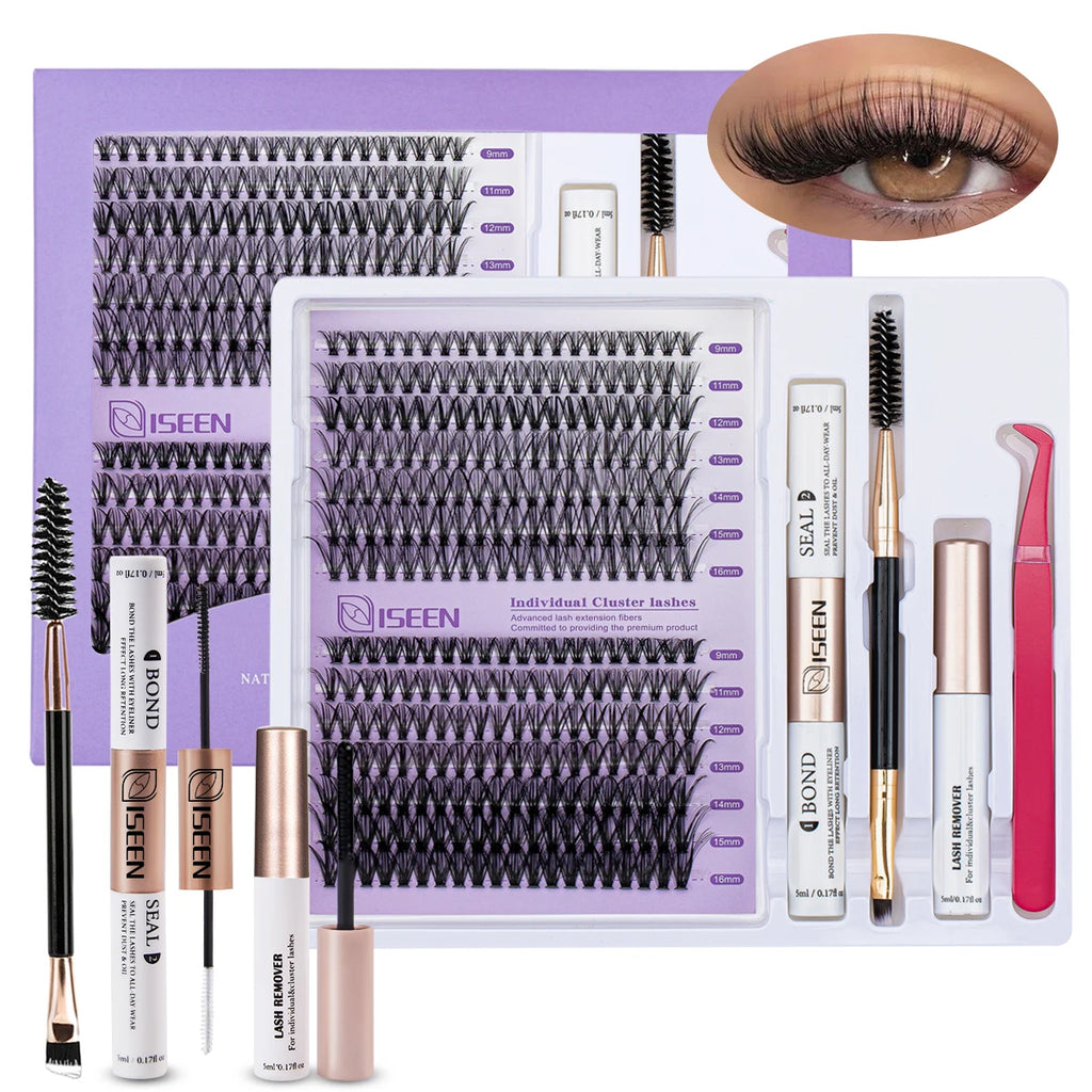 ISEEN DIY Lash Extension Kit – Mixed Styles, Clusters, Includes Bond & Seal, Tweezers & Brush