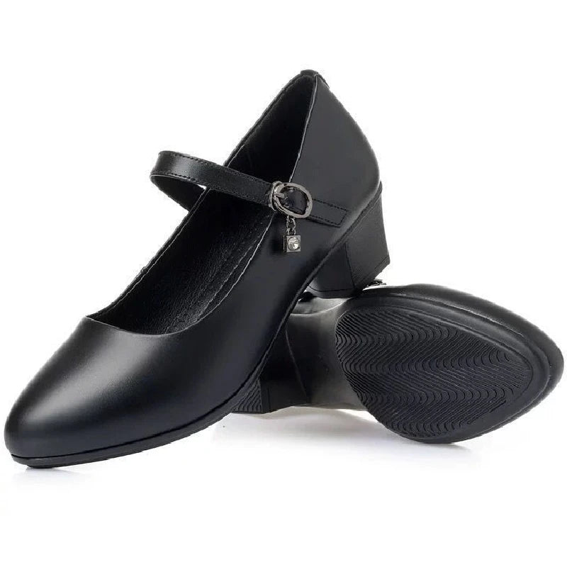 Women's Medium Heel Leather Pumps – Comfortable Non-Slip Daily Wear