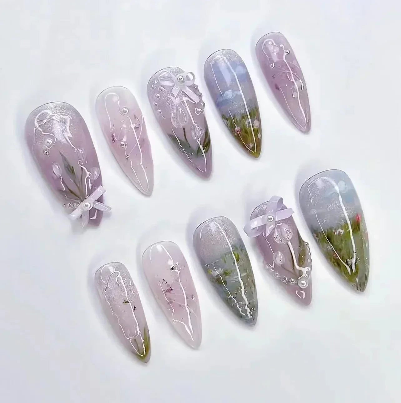 24pcs Matte Almond Press-On Nails with Rose Leaf Design