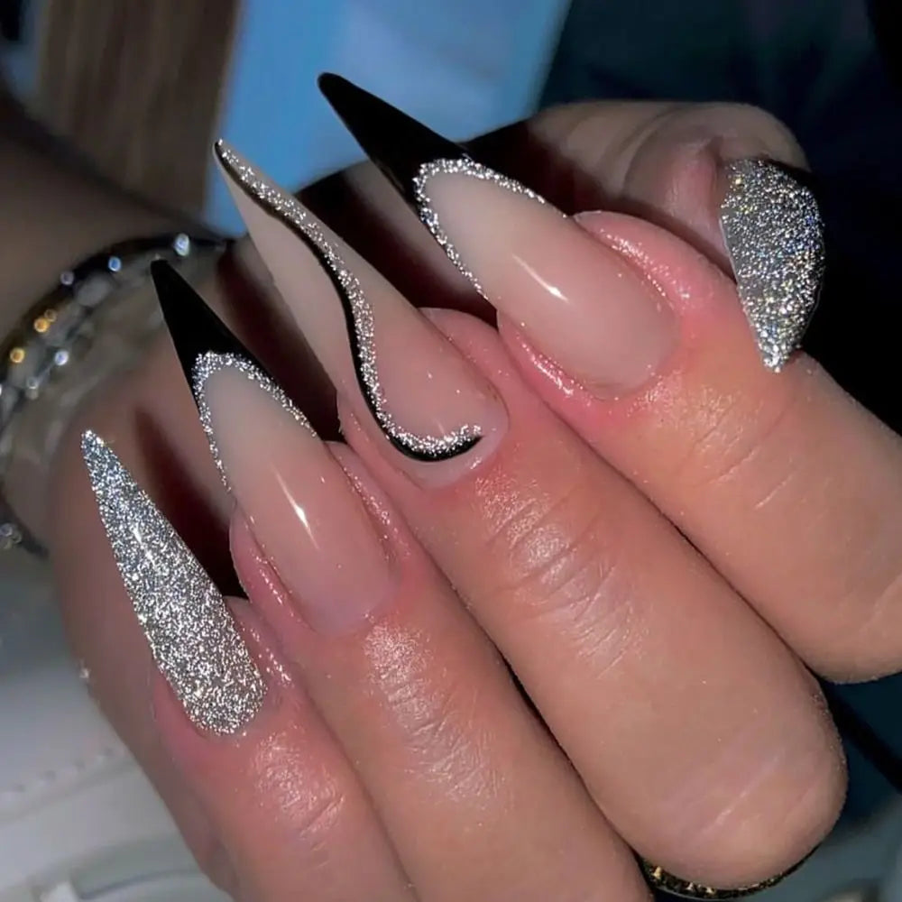24PCS Stiletto French Fake Nails – White Edge, Aurora, Full Cover, Press-On, DIY Detachable