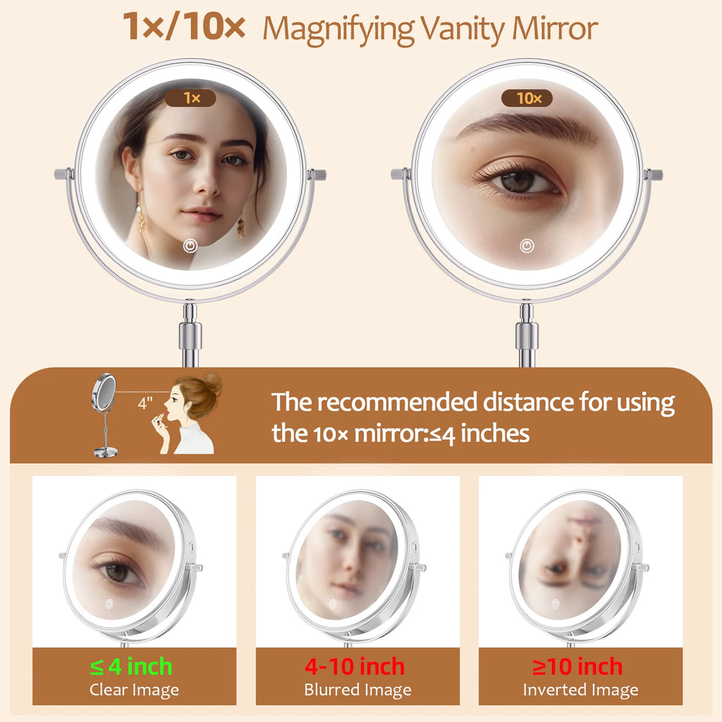 3-Color LED Makeup Mirror – 10X Magnification, 8 Inch, Adjustable Brightness & Height