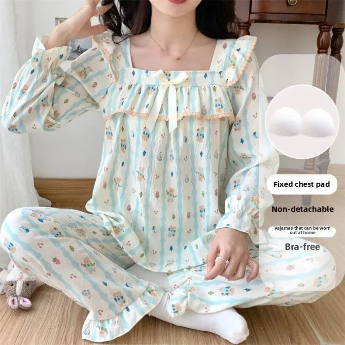 Cloud Cotton Women's Sleepwear Set – Long Sleeve Top & Pants with Chest Pad and Lace Detail