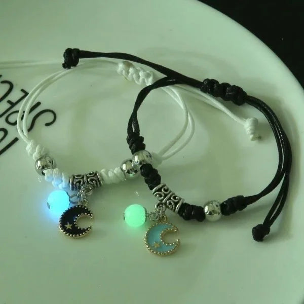 Sun & Moon Luminous Stainless Steel Couples Bracelet Set – Black Rope