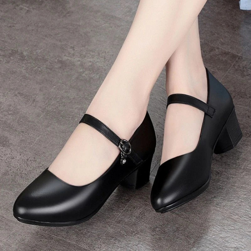 Women's Medium Heel Leather Pumps – Comfortable Non-Slip Daily Wear