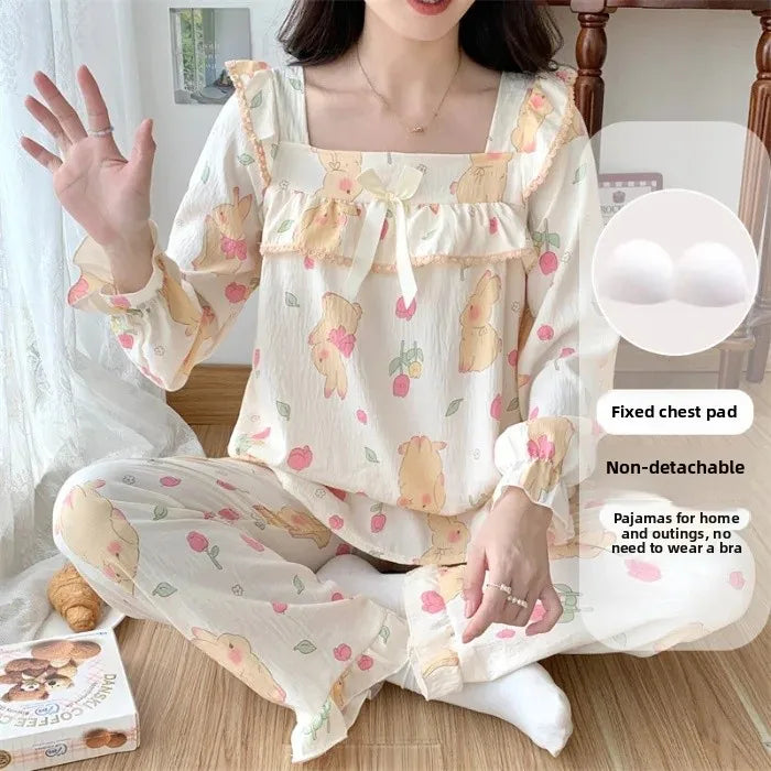 Cloud Cotton Women's Sleepwear Set – Long Sleeve Top & Pants with Chest Pad and Lace Detail