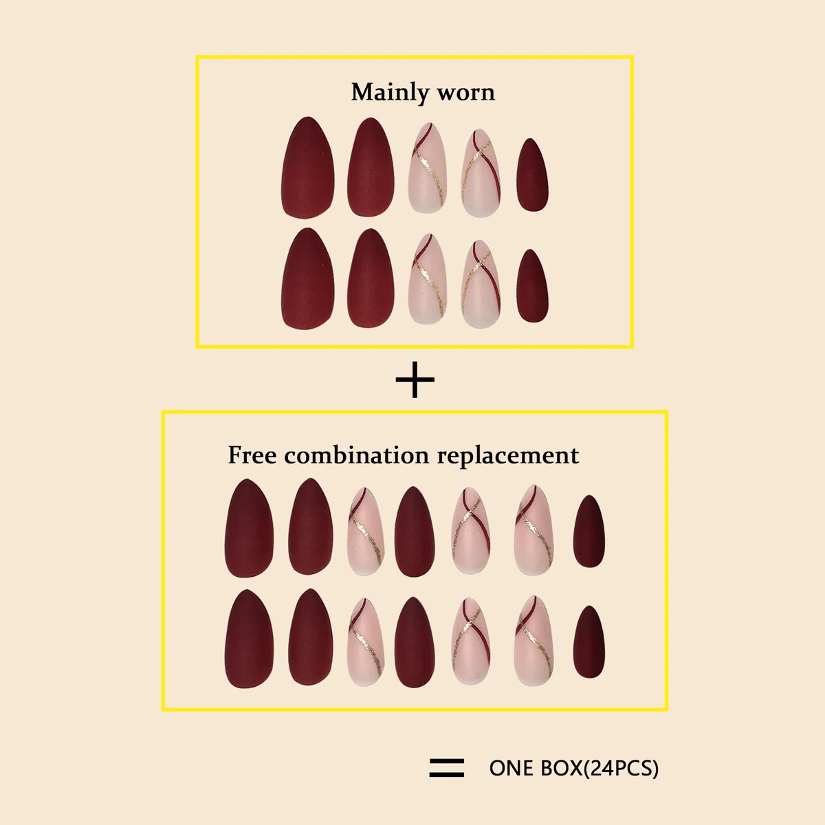 French Red & Gold Matte Fake Nails – Medium Drop Shape, Full Coverage, Press-On