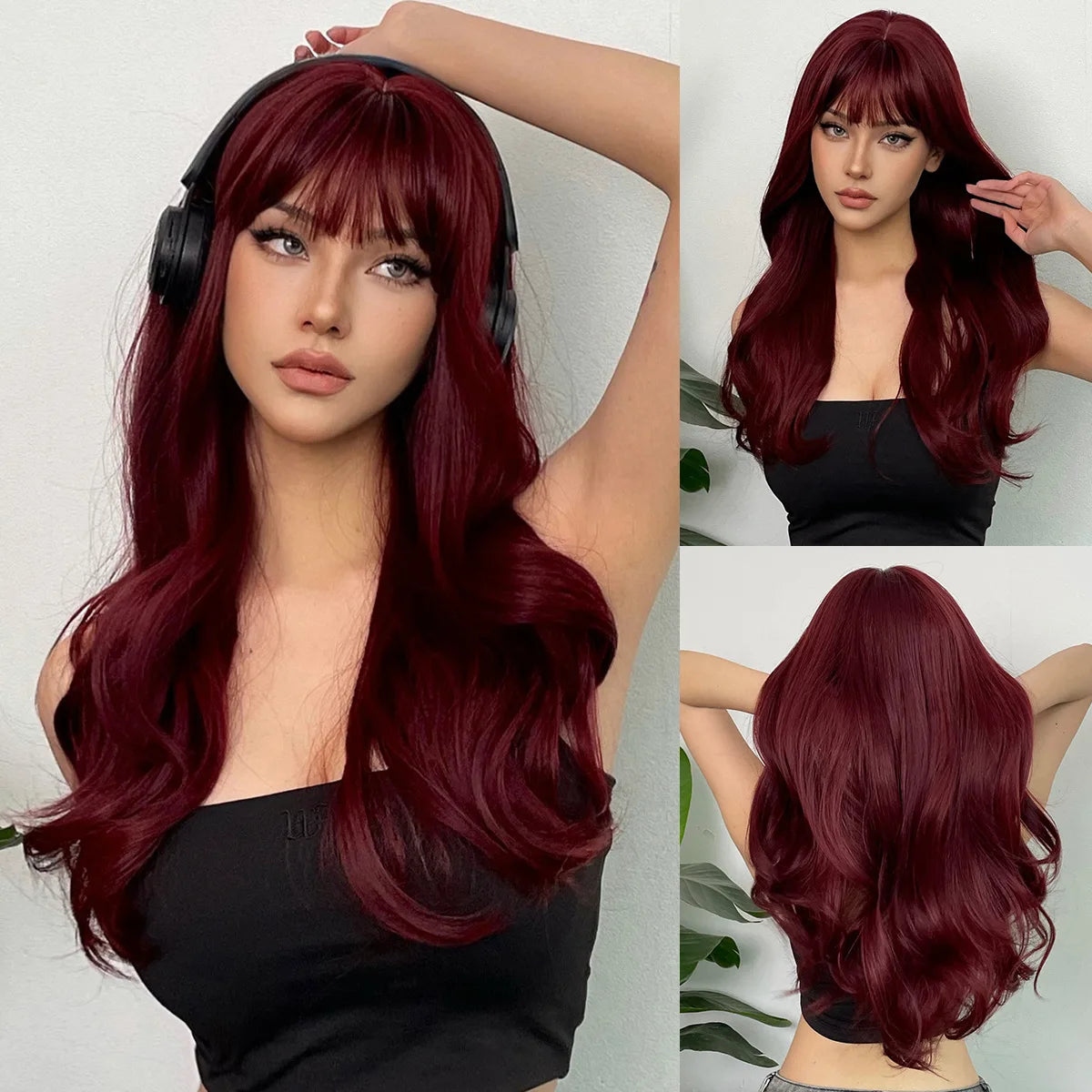 Wine Red Synthetic Wig – Long Curly, Big Waves, Bangs, Heat-Resistant, Full Head