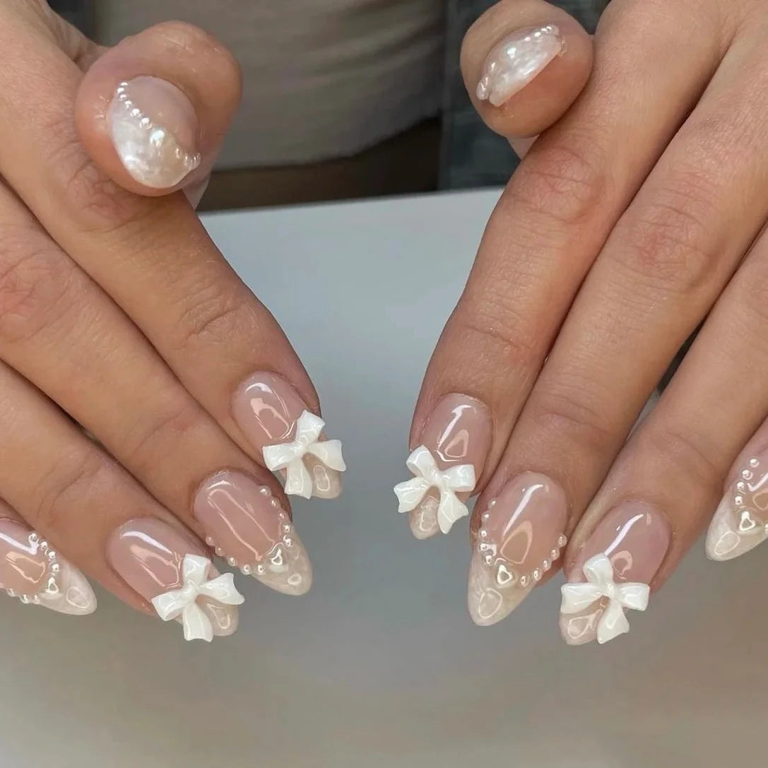 24PCS Pearl Bow Press-On Nails – Nude Pink, White French Almond, Full Cover, Includes Tools
