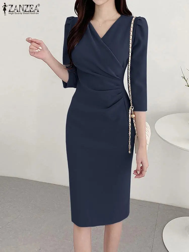 ZANZEA Women's Summer Bodycon Dress – V-Neck Knee-Length