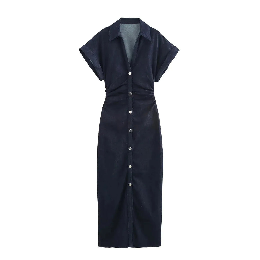 Women's Denim Ruched Midi Dress – Spring/Summer 2025 Casual Streetwear