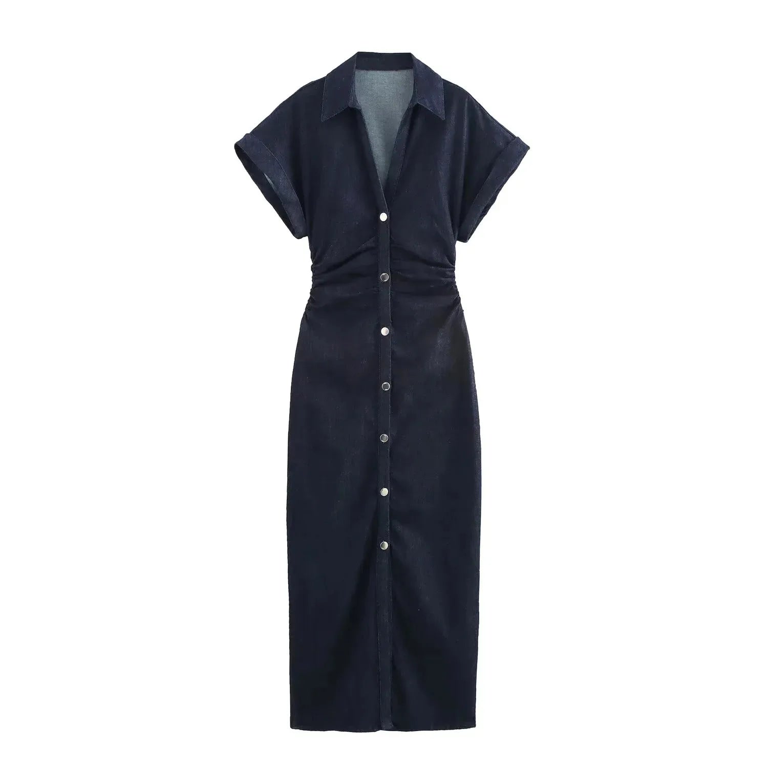Women's Denim Ruched Midi Dress – Spring/Summer 2025 Casual Streetwear