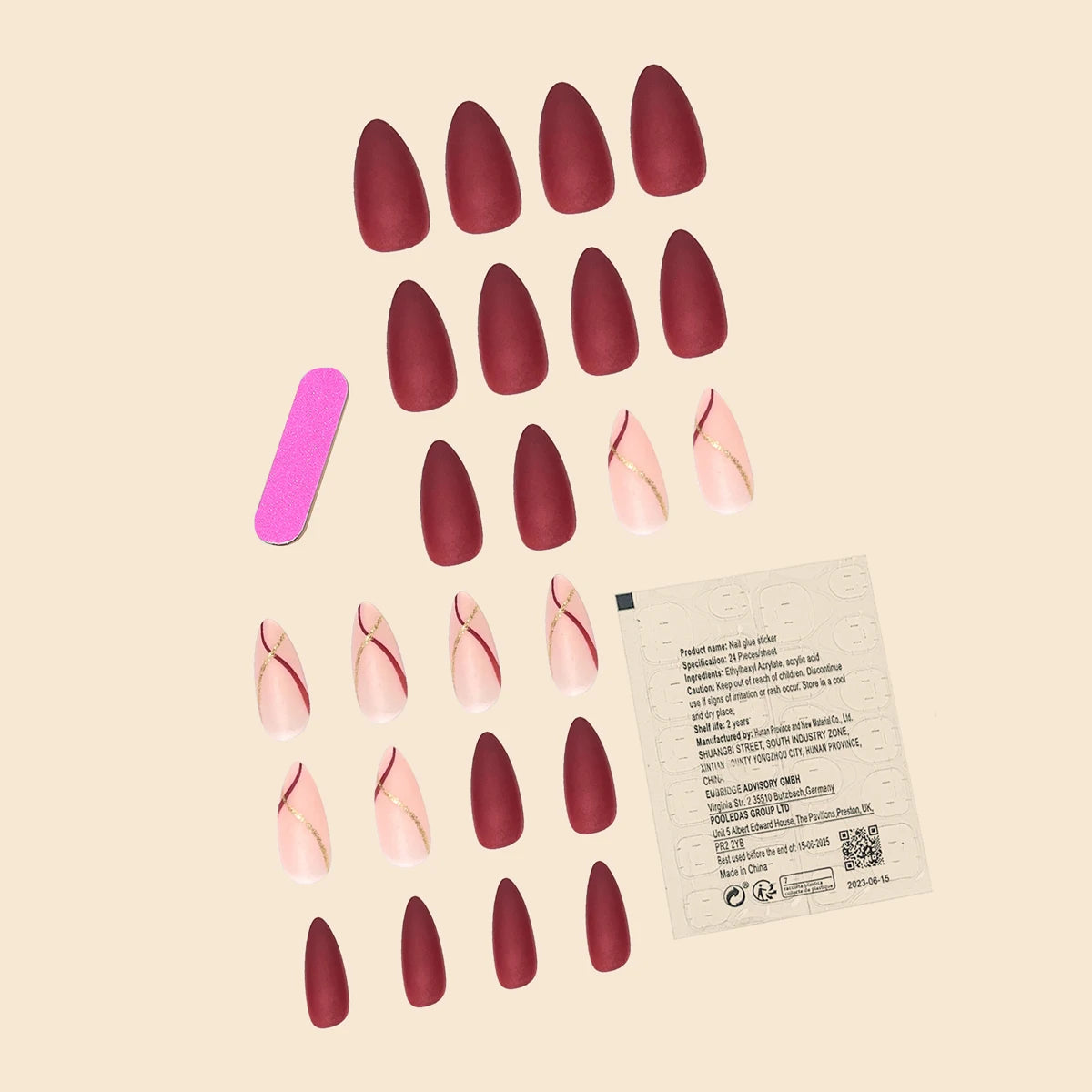 French Red & Gold Matte Fake Nails – Medium Drop Shape, Full Coverage, Press-On