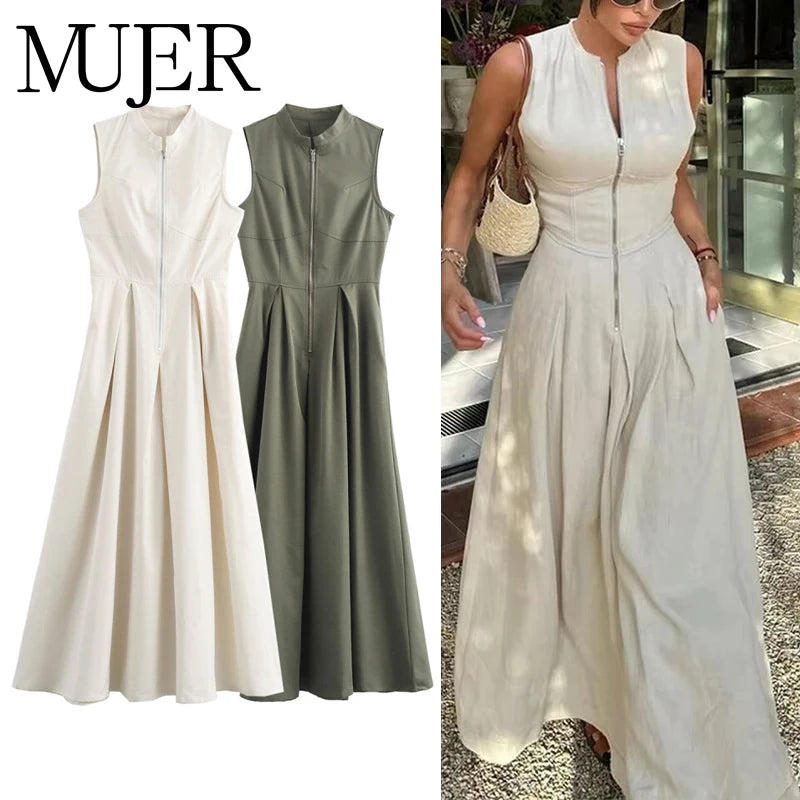 MUJER  Women’s Elegant Pleated Bodycon Midi Dress – Sleeveless Zipper Party Dress