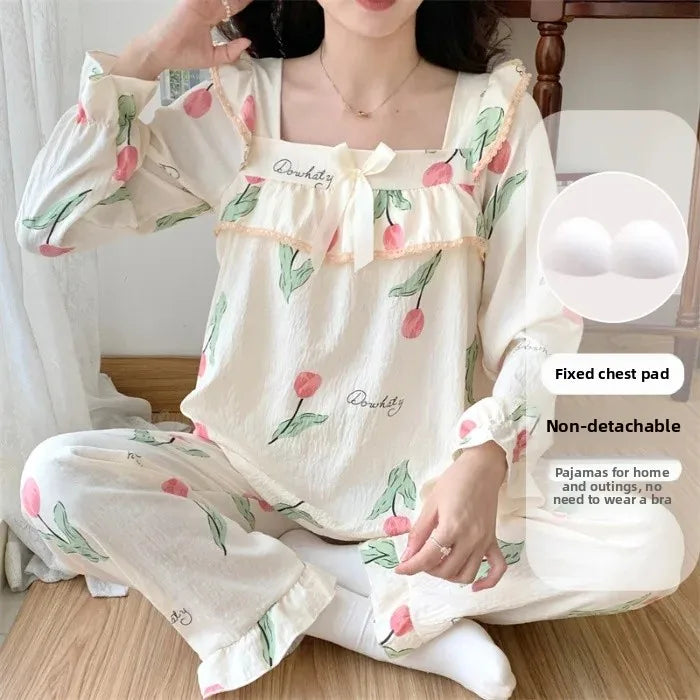 Cloud Cotton Women's Sleepwear Set – Long Sleeve Top & Pants with Chest Pad and Lace Detail