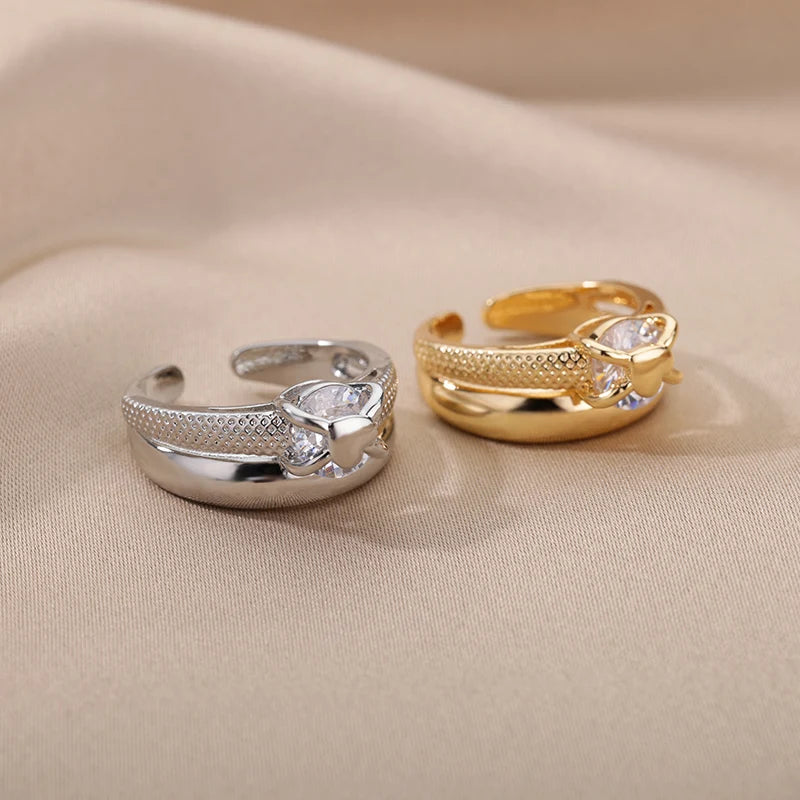 Gold Intertwined Heart Zircon Open Ring for Women