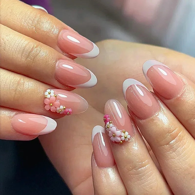 24pcs Matte Almond Press-On Nails with Rose Leaf Design